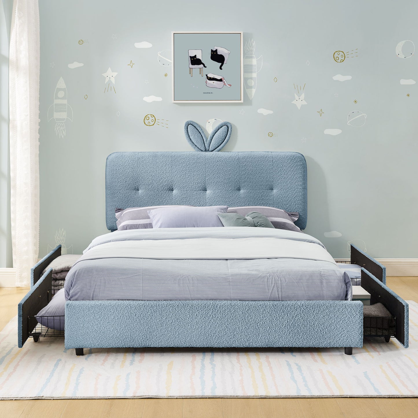 Upholstered Bed With Oversized Rabbit Ear Headboard, LED Lights & 4 Storage Drawers