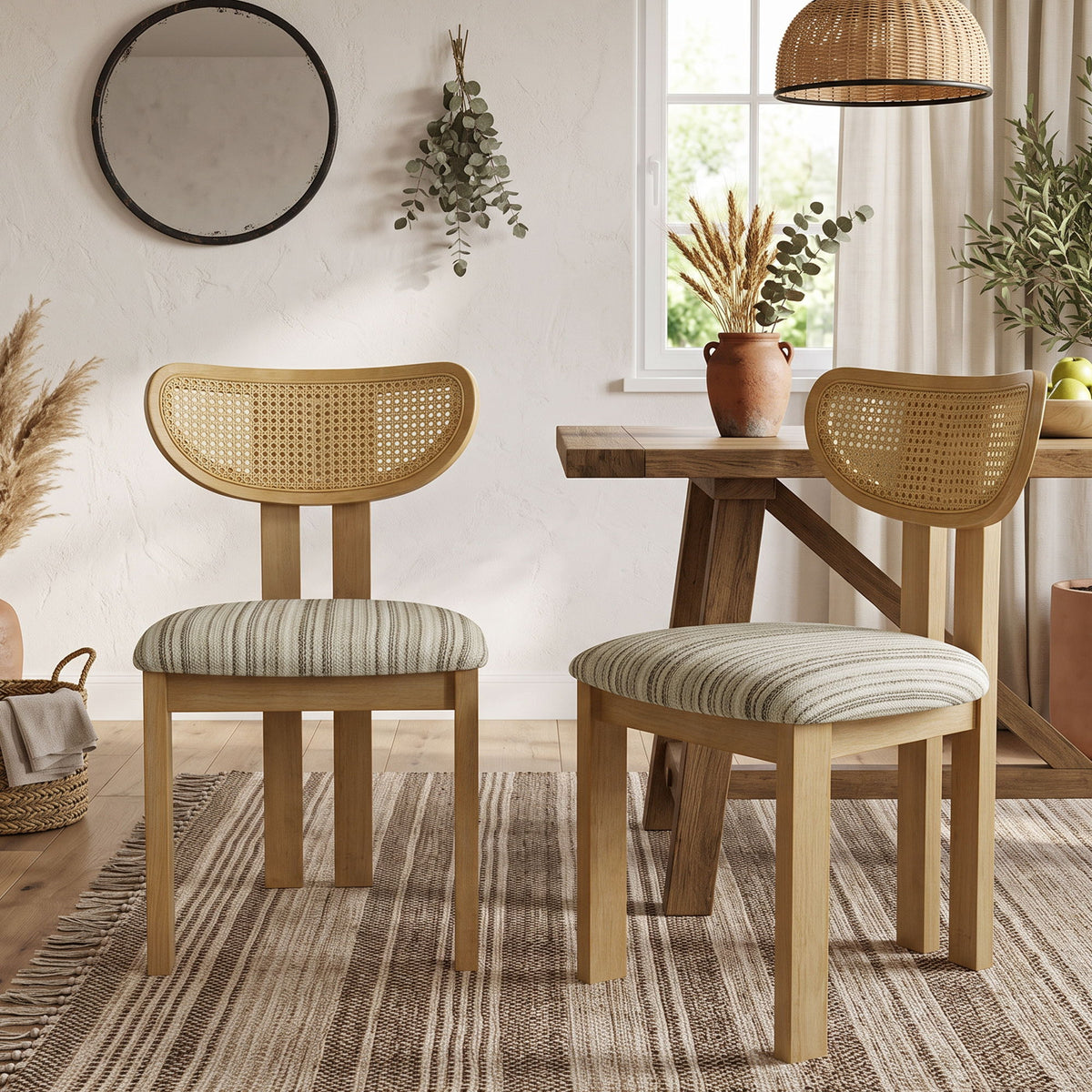 Striped Upholstered Rattan Back Dining Chairs (Set of 2)