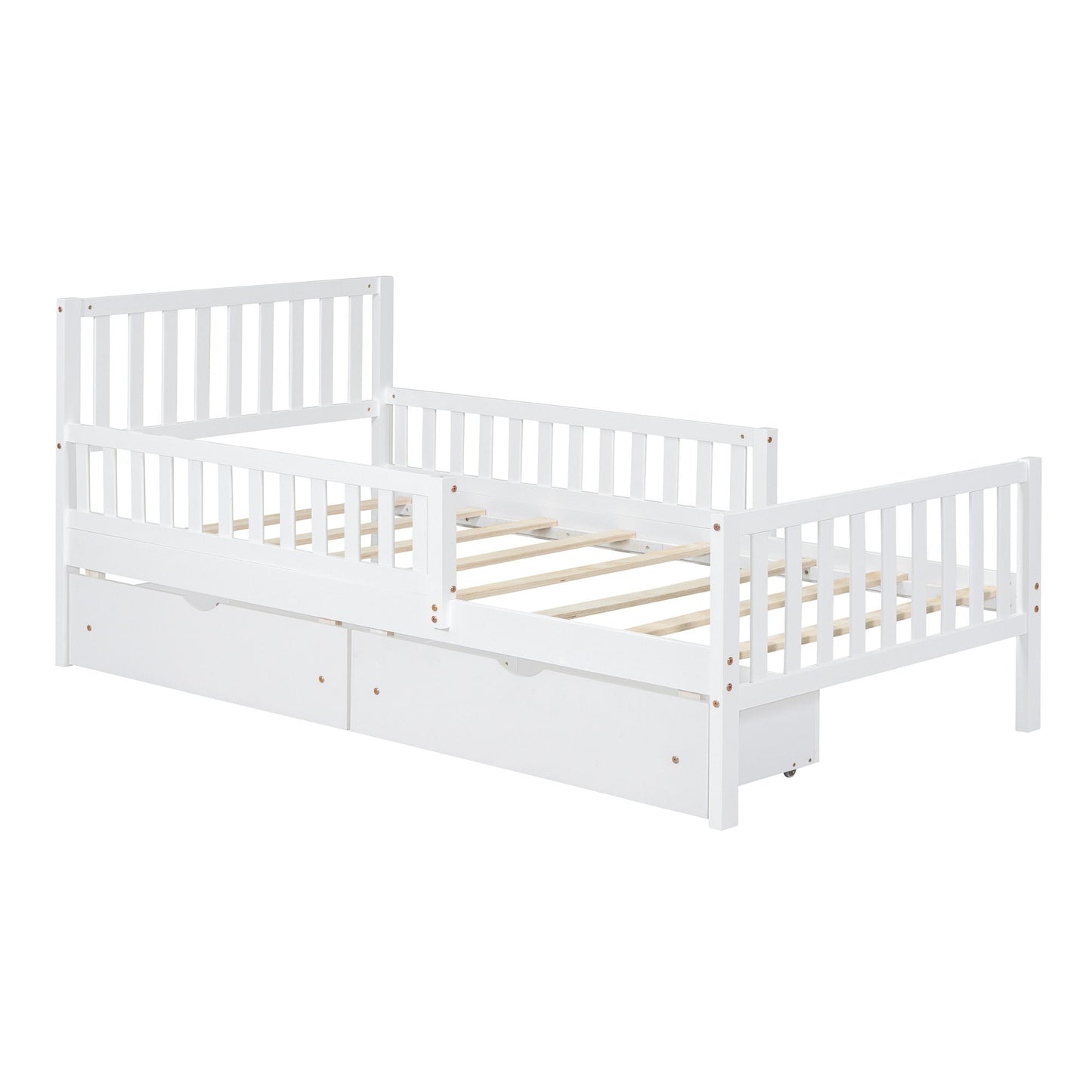 Platform Bed With Guardrails On Both Sides And 2 Storage Drawers
