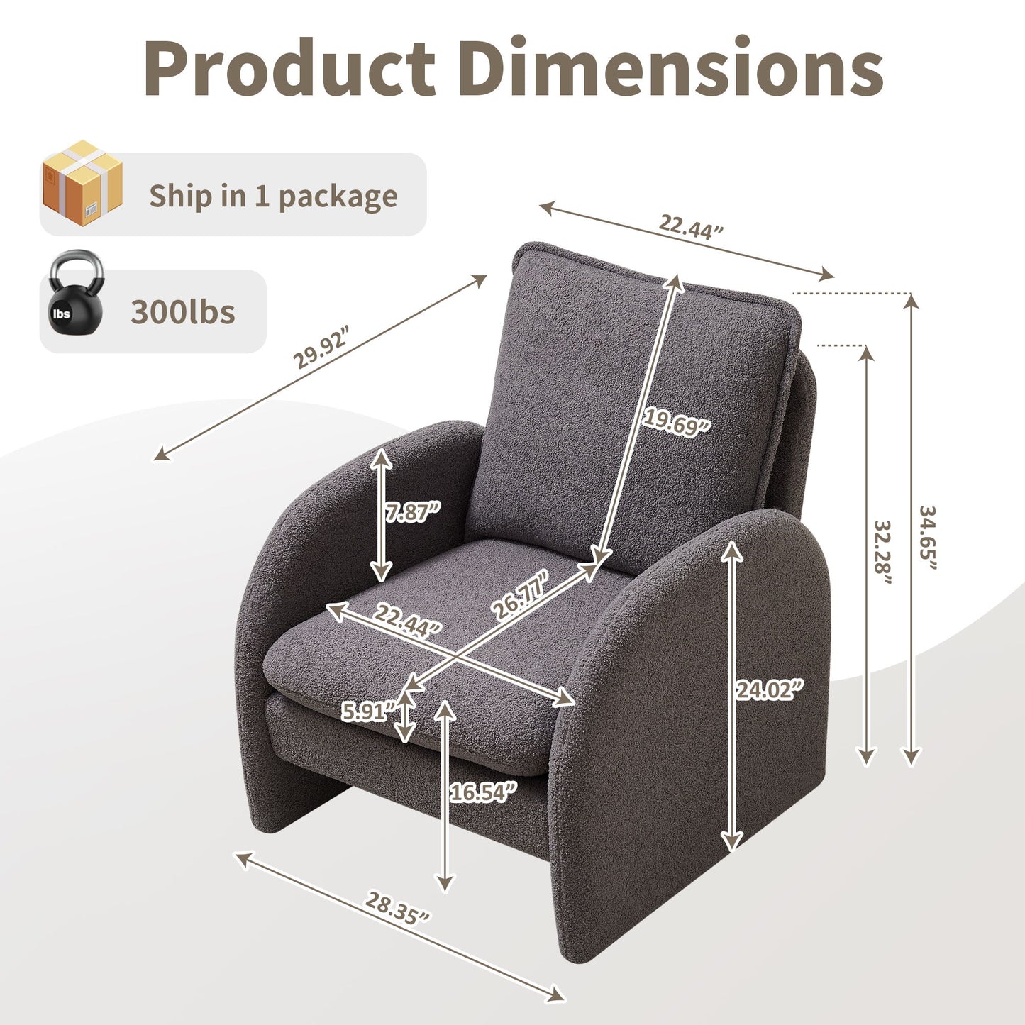 Modern Sherpa Upholstered Accent Chair, Comfortable Living Room Armchair, Lounge Chair For Bedroom, And Office - Gray