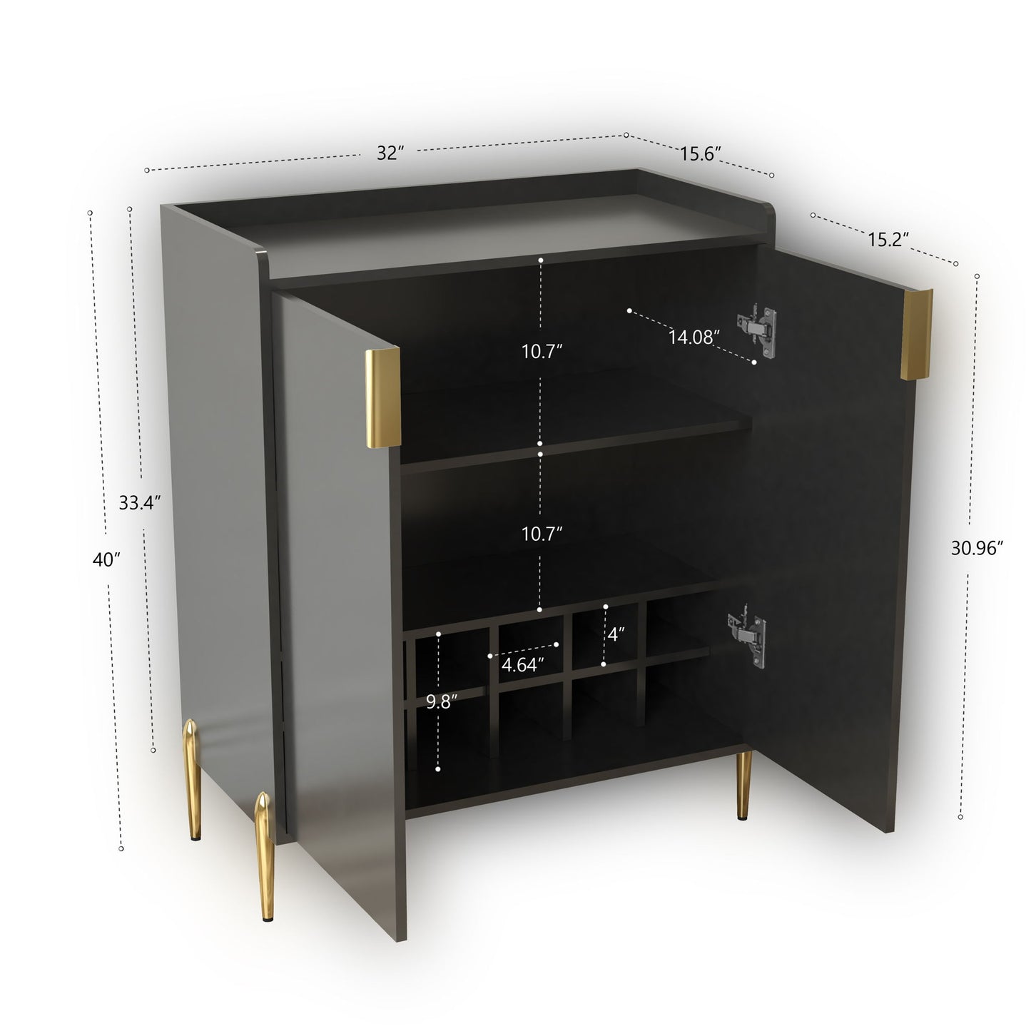 Wine Bar Cabinet With Adjustable Shelf, 2 Door Sideboard With Soft-Closing Hinges And Feet