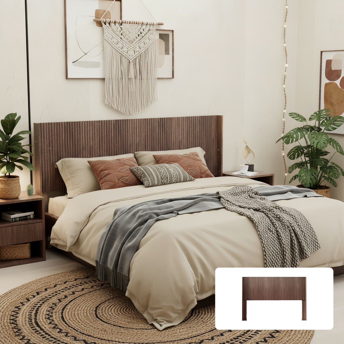 Queen Headboard Only, Fluted Panel Design - Walnut