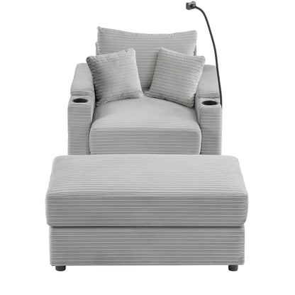 Single Sofa Couch With Storage Space, Movable Ottoman, USB Ports, Cup Holders, Phone Holder