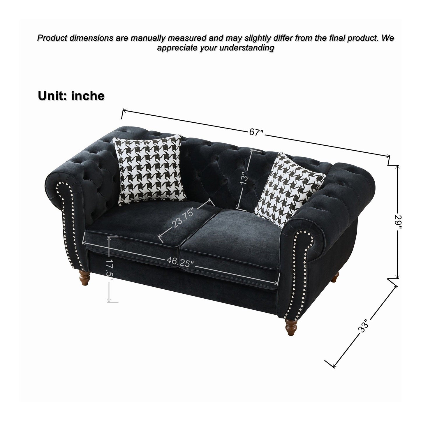 Chesterfield 3 And 2 Seater Upholstery Sofa With Roll Armrest & Nailhead Fabric Couch