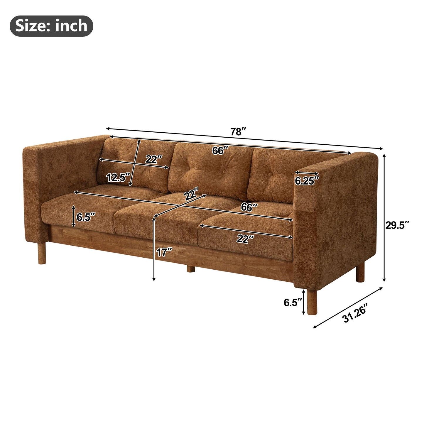 3 Seater Sofa With Square Arms, Tufted Pillow Back For Living Room