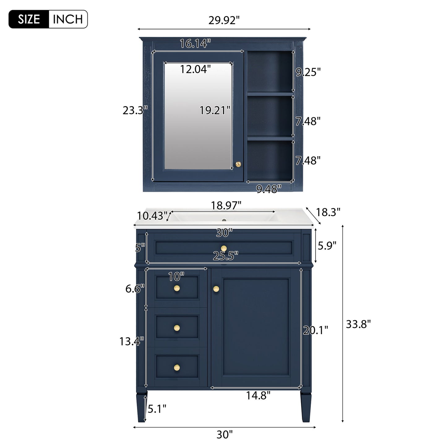 Bathroom Vanity With Medicine Cabinet, Royal Mirror Cabinet, Modern Bathroom Storage Cabinet With 2 Soft Closing Doors And 4 Drawers