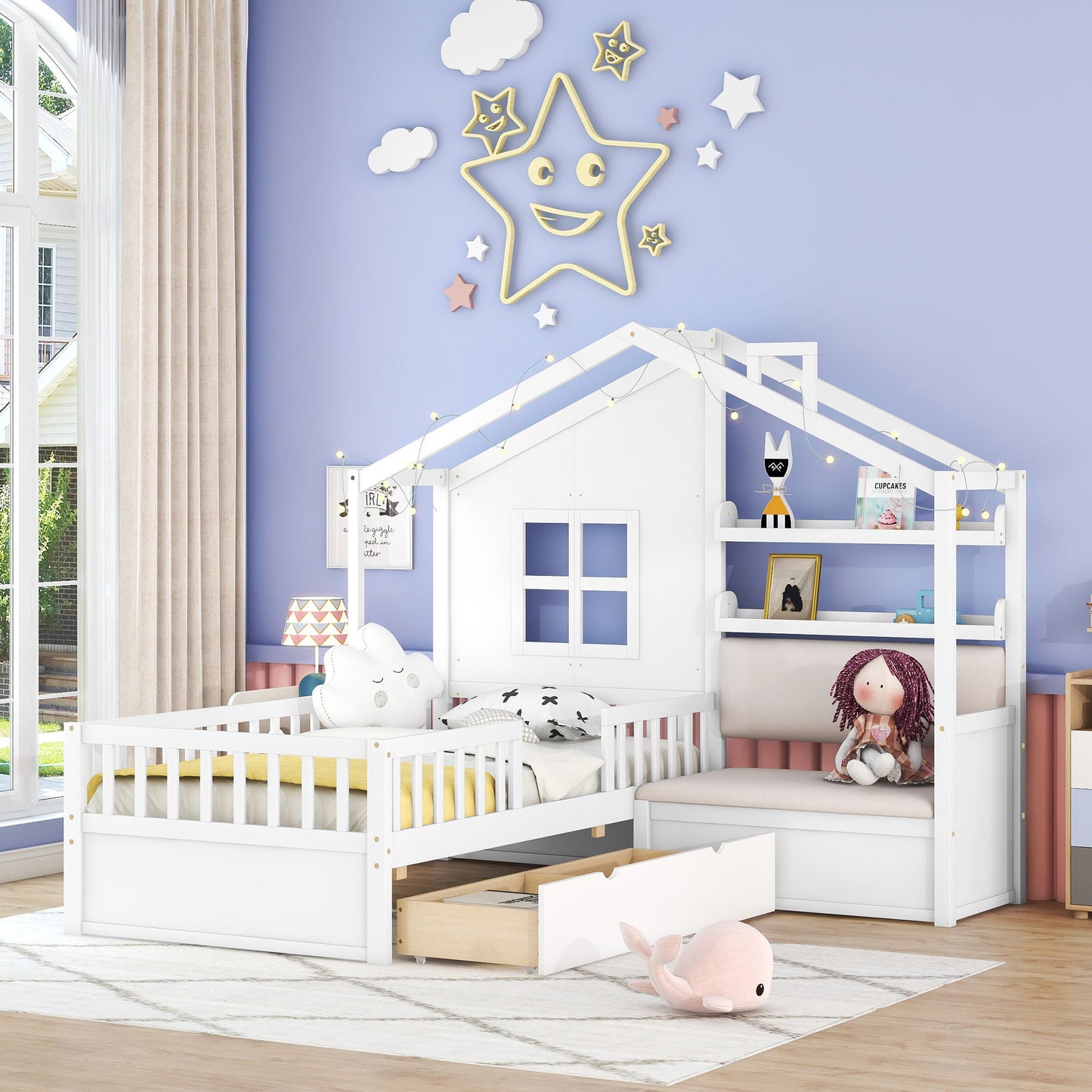 House Bed With Sofa, Kids Platform Bed With 2 Drawers And Storage Shelf