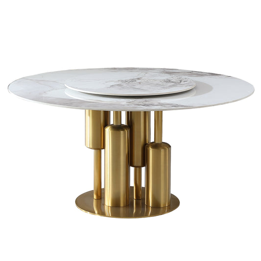 Dining Table, Round For Dining Room - Gold / Gold / White
