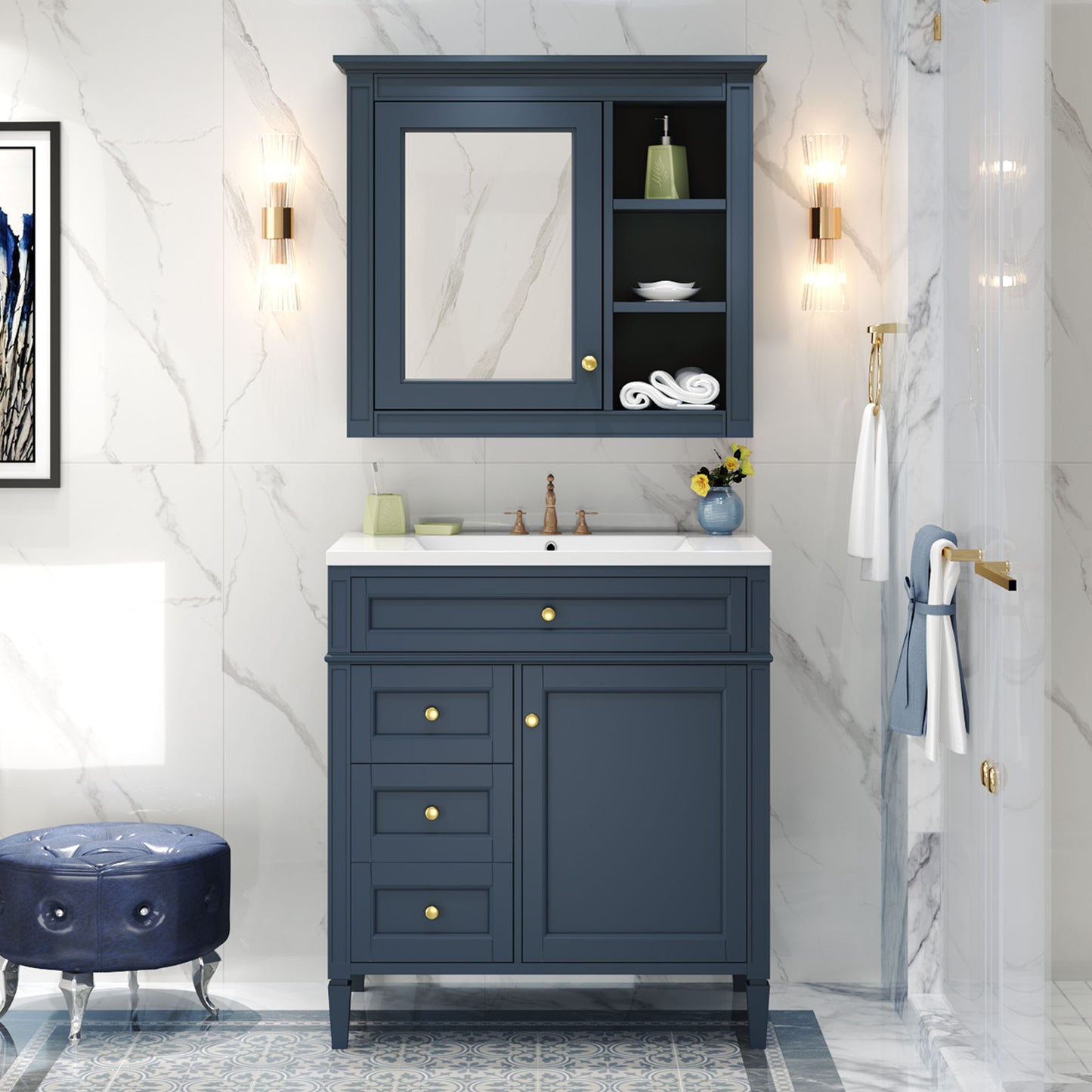 Bathroom Vanity With Medicine Cabinet, Royal Mirror Cabinet, Modern Bathroom Storage Cabinet With 2 Soft Closing Doors And 4 Drawers
