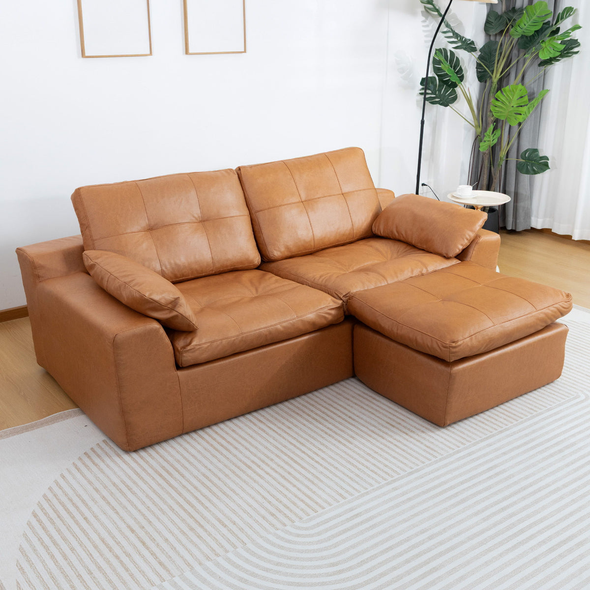 L - Shaped Modular 2 Seater Sofa With Movable Ottoman And High Density Sponge Cushions For Living Room
