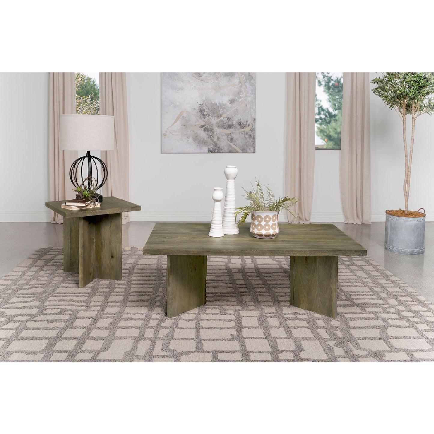 Neskowin - 2 Piece And End Table Set With Geometric Panels - Brown