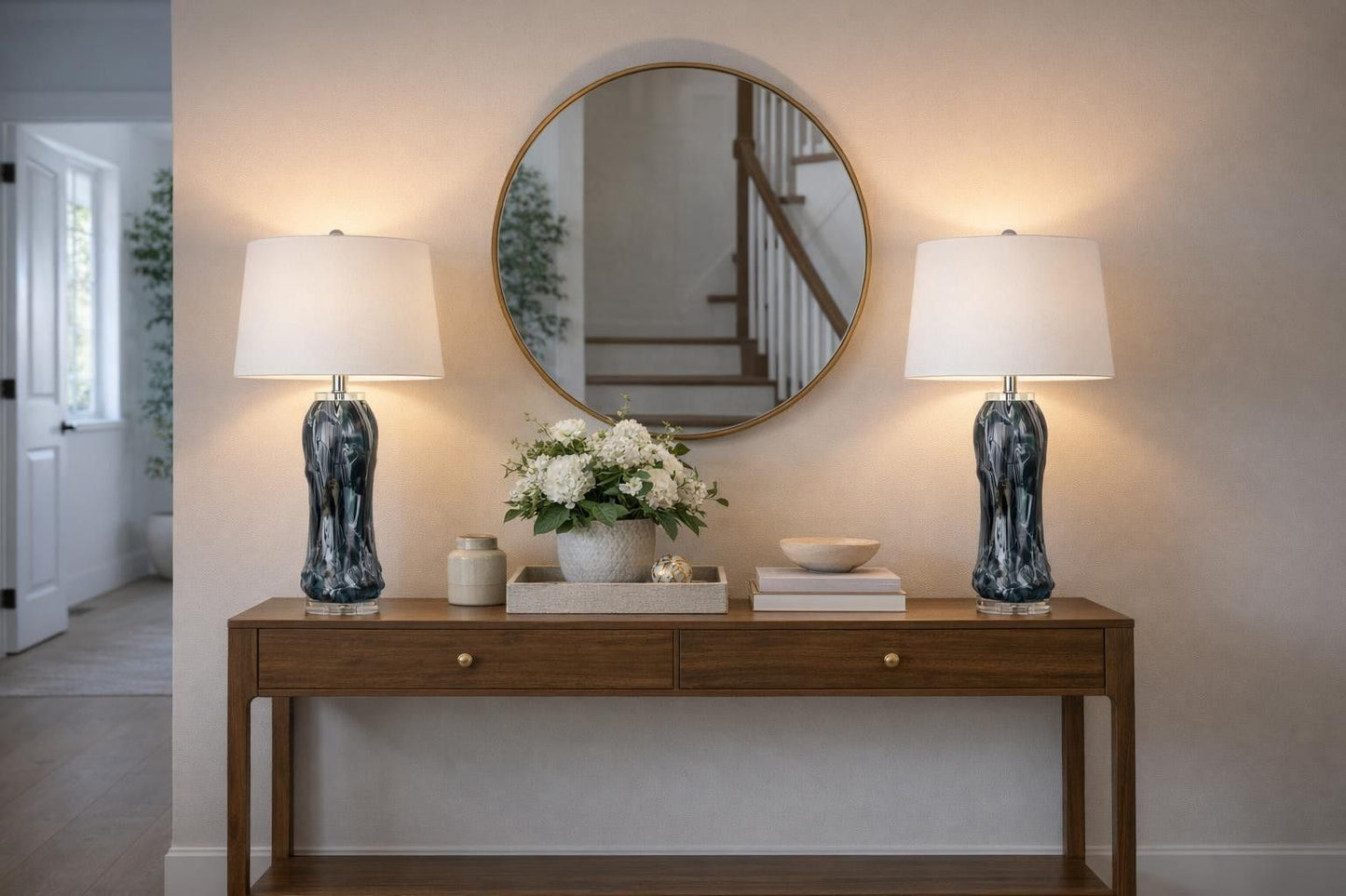 Tidal Elegance Art Glass & Crystal Table Lamp (Set of 2) - Deep Sea Swirl / Clear Crystal