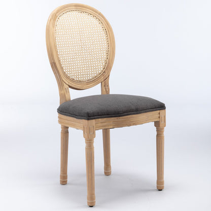 French Style Solid Wood Frame Antique Painting Fabric Rattan Back Dining Chair (Set of 2)
