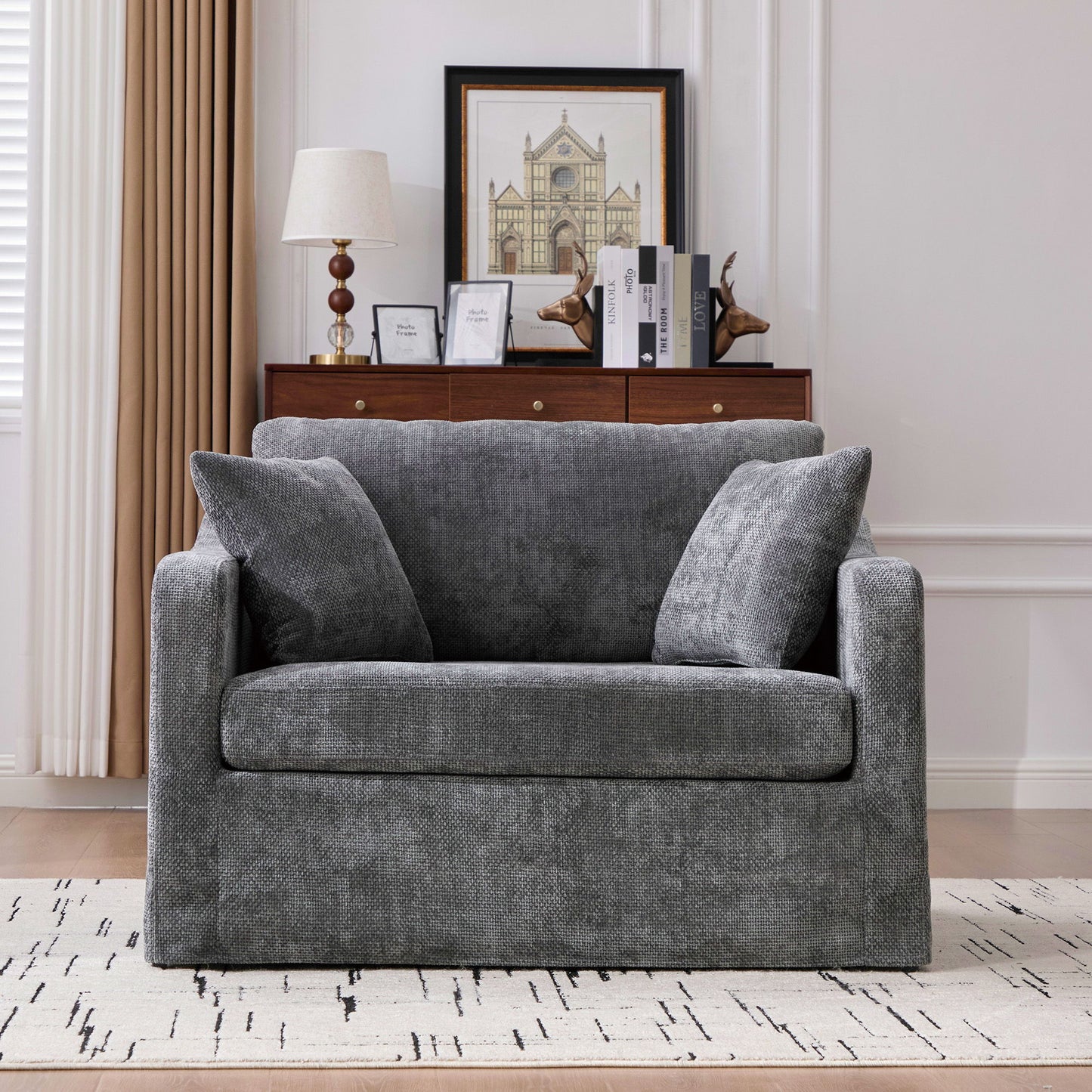 Farmhouse Accent Chair With 2 Bolster Pillows