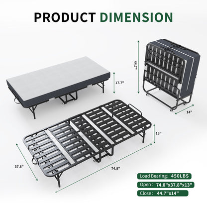 Twin Extra Long Folding Bed For Tall People, Heavy-Duty Rollaway Guest With Memory Foam Mattress - Black