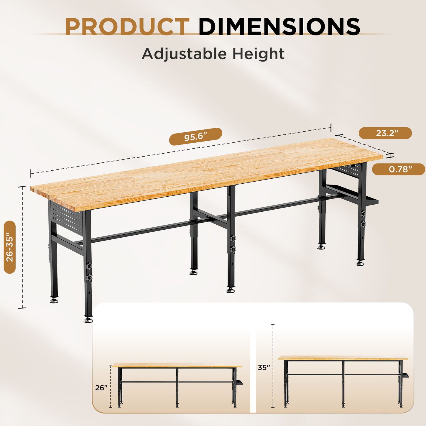 Adjustable Workbench, Side Pegboard, 4 Height Settings, Power Outlet, Storage Box, Wheels Or Leveling Feet - Black