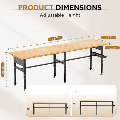 Adjustable Workbench, Side Pegboard, 4 Height Settings, Power Outlet, Storage Box, Wheels Or Leveling Feet - Black