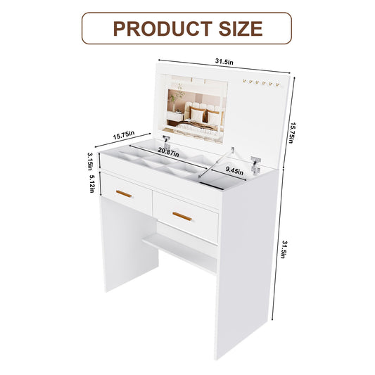 Flip Top Vanity Desk With LED Mirror & Outlet Makeup Table With 2 Drawers, Open Storage, And Jewelry Hooks - White