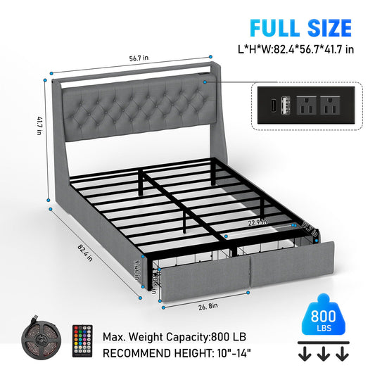 Floating Bed Frame With Rgb LED Light, 2 Storage Drawers & Headboard Shelf