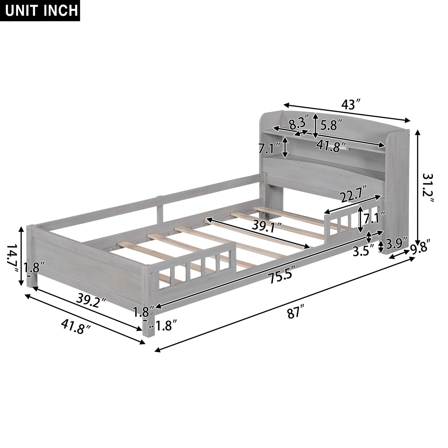Wood Platform Bed With Built In LED Light, Storage Headboard And Guardrail