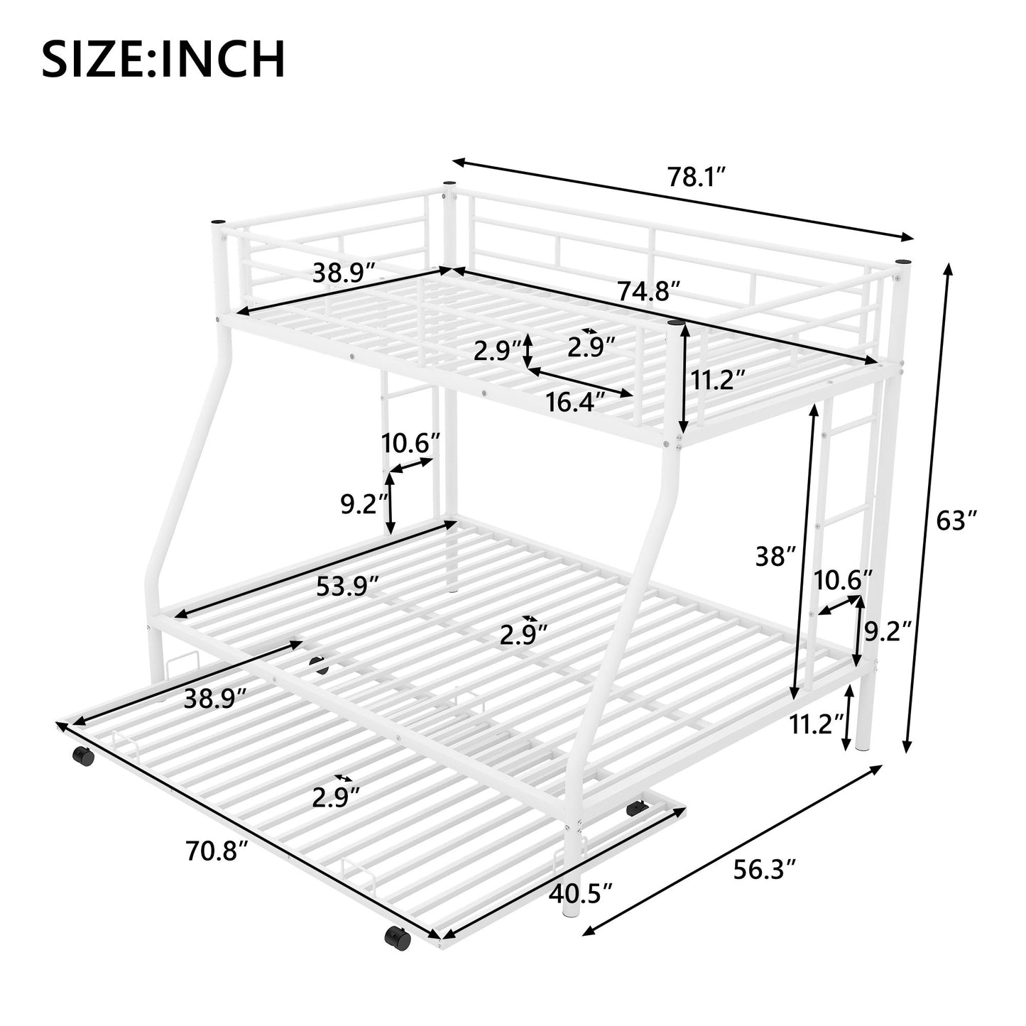 Bunk Bed With Steel Frame And Trundle, 2 Side Ladders