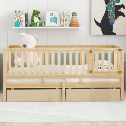 Daybed With Fence Guardrails And 2 Drawers, Split Into Independent Floor Bed & Daybed