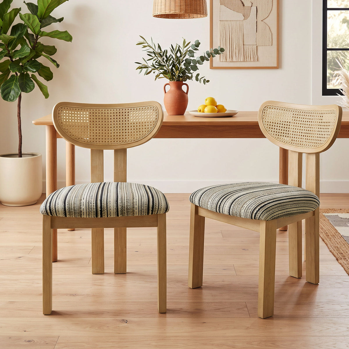 Striped Upholstered Rattan Back Dining Chairs (Set of 2)