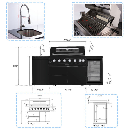 6 Burner 85, 000 Btu Outdoor Kitchen Island Grill With Wine Cooler Refrigerator, Rotisserie Kit, Granite Countertops & Sink - Black