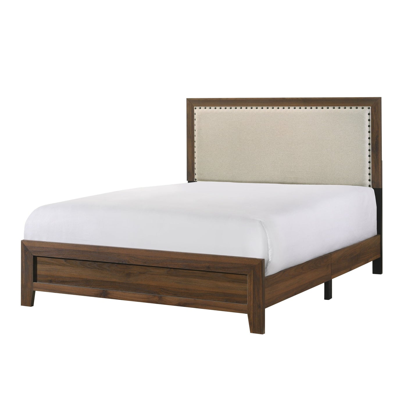 Panel Bed With Fabric Upholstered Tufted Nailhead Trim Headboard