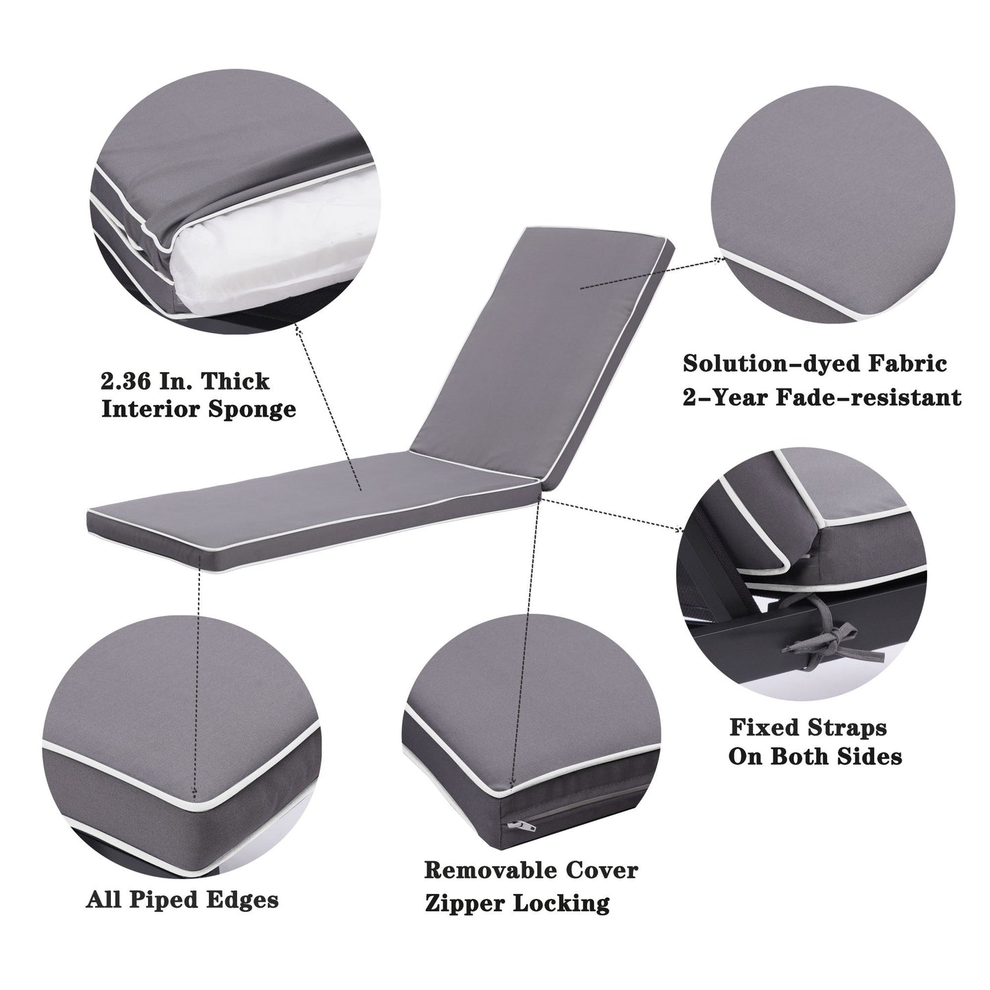 2 Pieces Set Outdoor Lounge Chair Cushion Replacement Patio Furniture Seat Cushion Chaise Lounge Cushion - Antique Gray / White