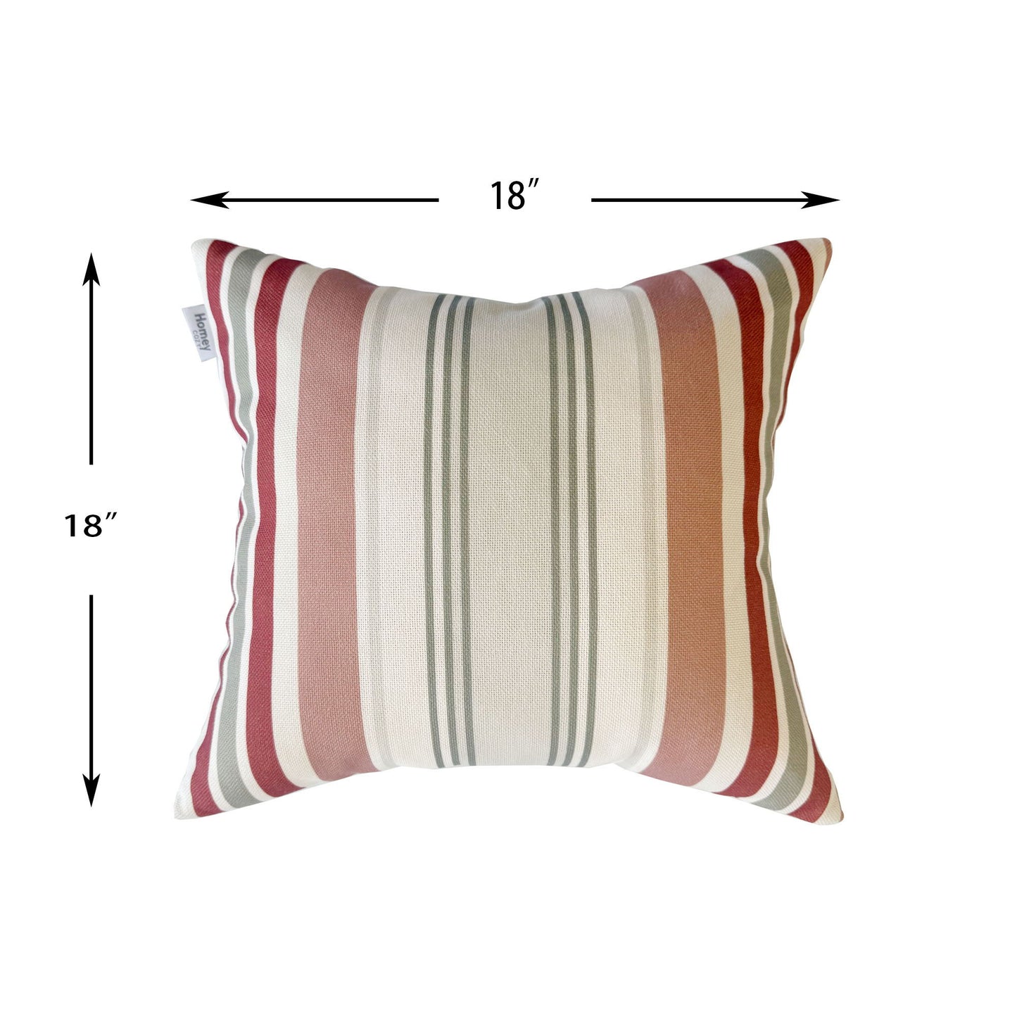 Striped pillow with dimensions on a white background