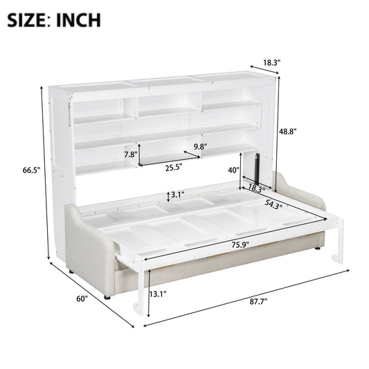 Murphy Cabinet Bed With Folding Sofa, Built In Storage Shelves And LED Light
