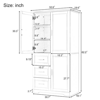 Tall And Wide Storage Cabinet With Doors For Bathroom Or Office, 3 Drawers - Gray