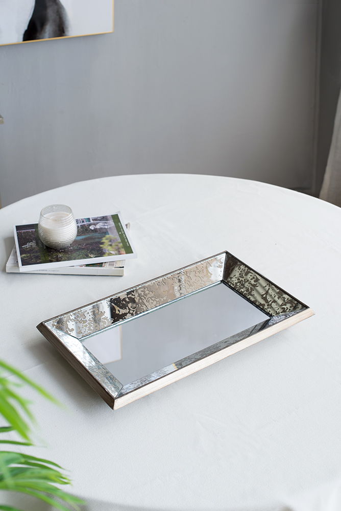 Antique Rectangle Mirror With Floral Accents, Mirrored Display Tray, Hanging Wall Mirror