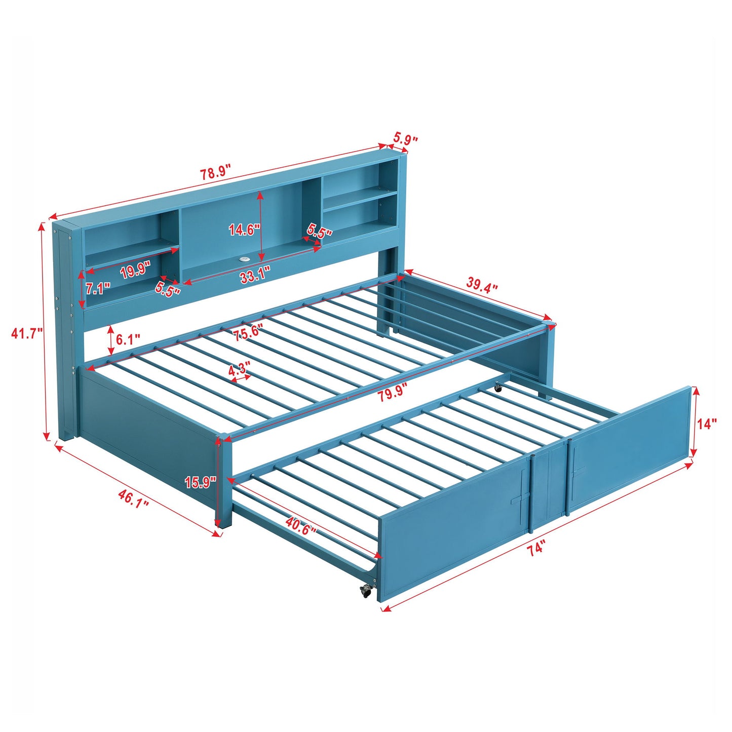 Industrial Metal Daybed With Trundle, Storage Shelves, USB Ports