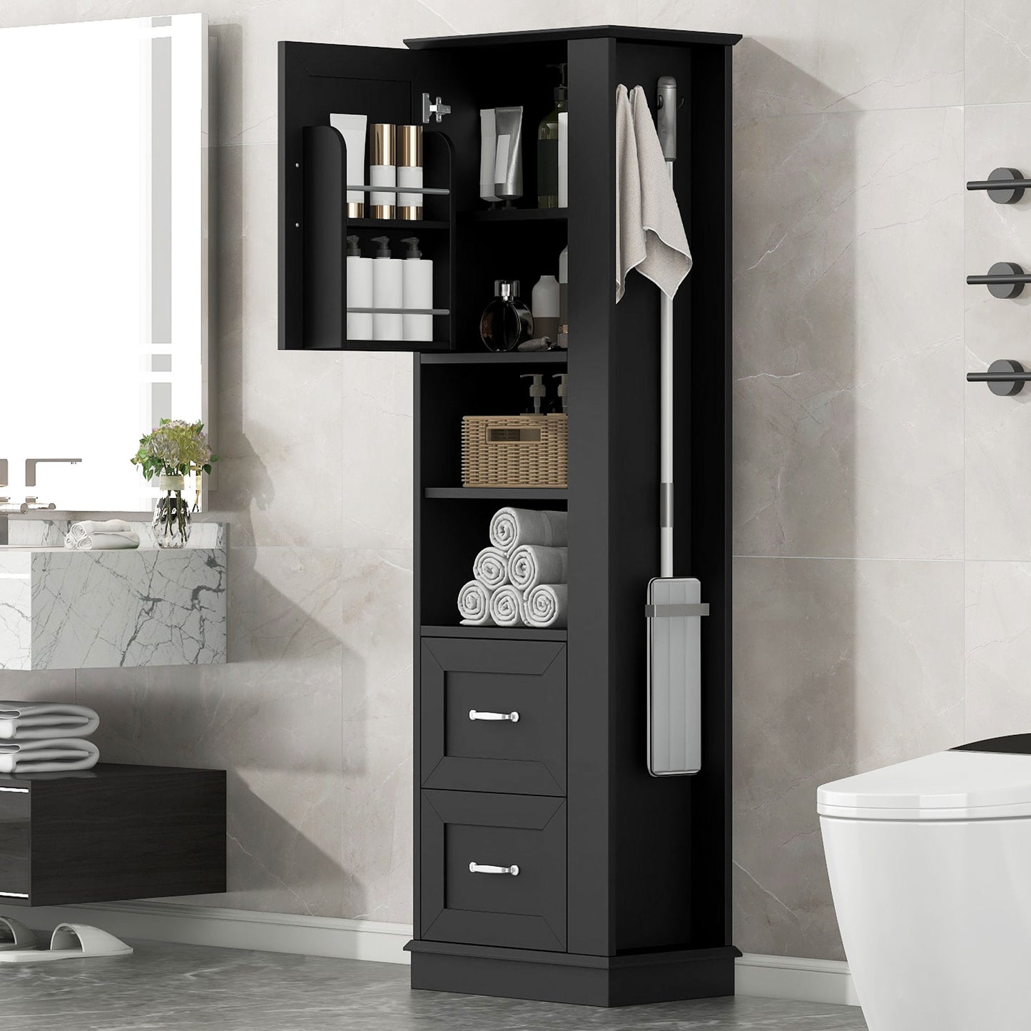 Freestanding Bathroom Storage Cabinet With Adjustable Shelves And Side Hooks Board, Rectangle Design