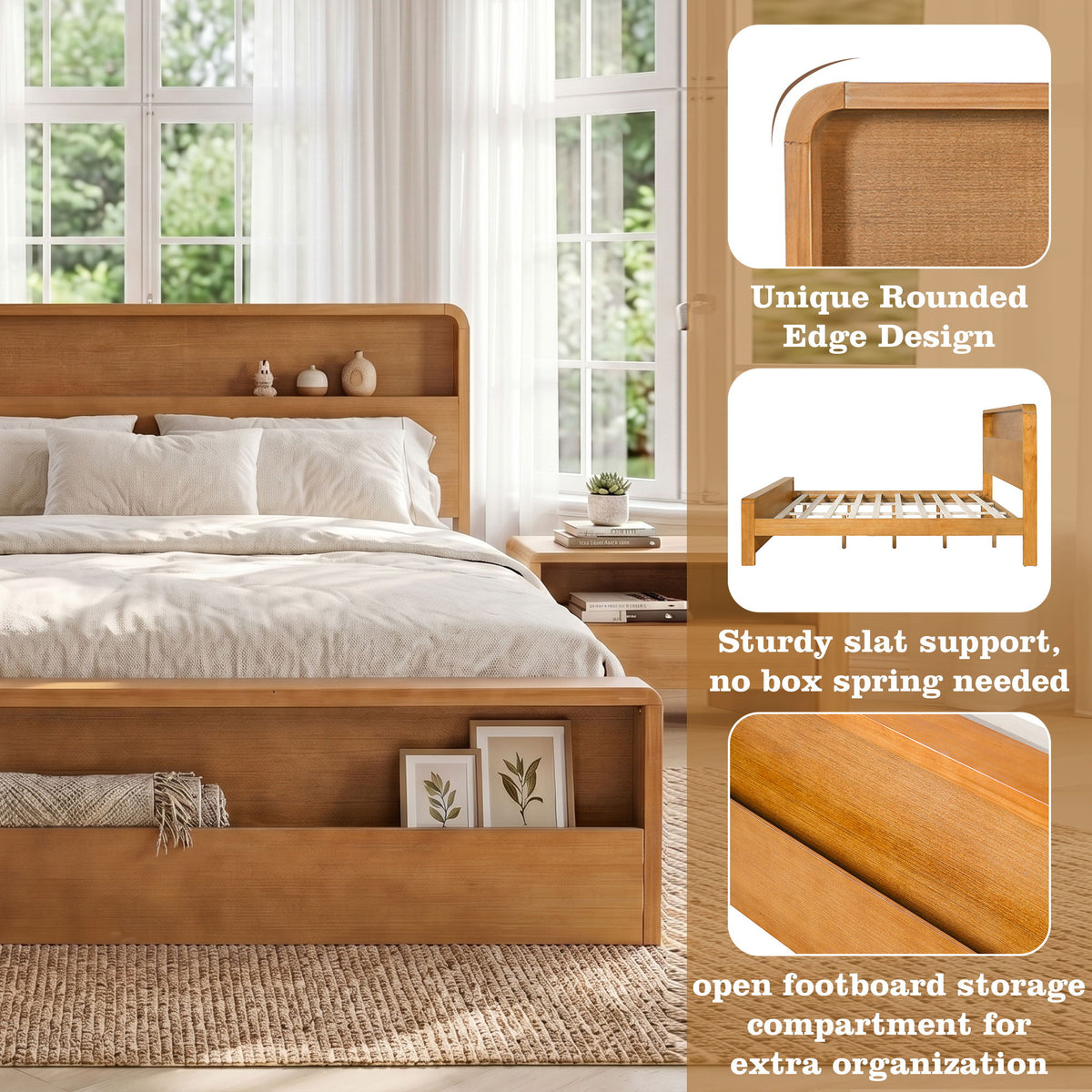 Queen Bed Frame With Dual Open Storage Headboard And Footboard, No Box Spring Needed - Light Brown