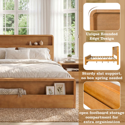 Queen Bed Frame With Dual Open Storage Headboard And Footboard, No Box Spring Needed - Light Brown