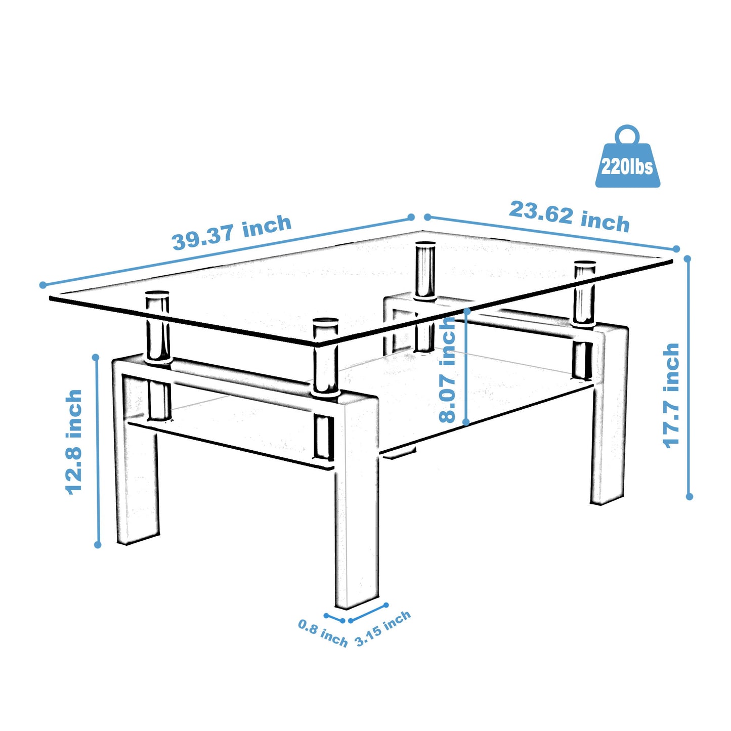 Modern Rectangular Coffee Table With Tempered Glass Top