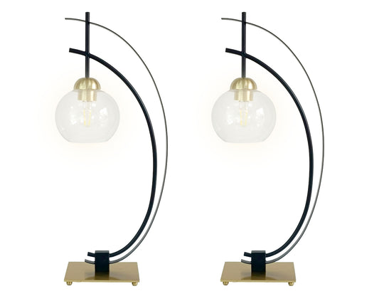 "Eclipse Aura" Metal Table Lamp With Glass Globe (Set of 2) - Matte Black / Gold / Clear Glass