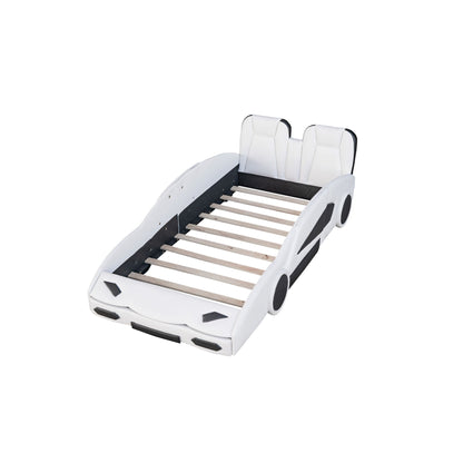 Race Car Shaped Twin Platform Bed With Wheels, Pine Wood Construction
