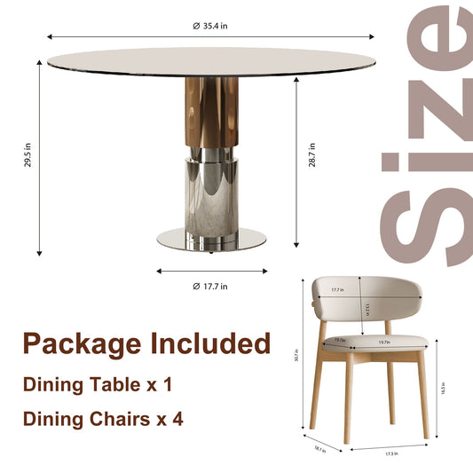 Round Dining Table With Tempered Glass Top - Brown