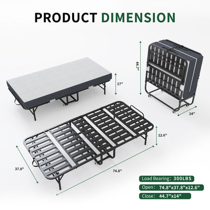 Twin Folding Bed With Memory Foam Mattress Portable Rollaway Bed Sturdy Metal Frame - Brushed Nickel