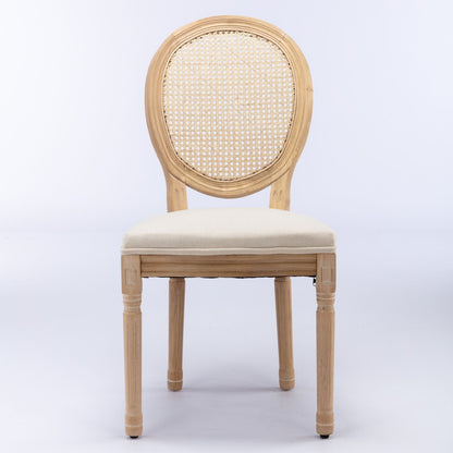 French Style Solid Wood Frame Antique Painting Fabric Rattan Back Dining Chair (Set of 2)