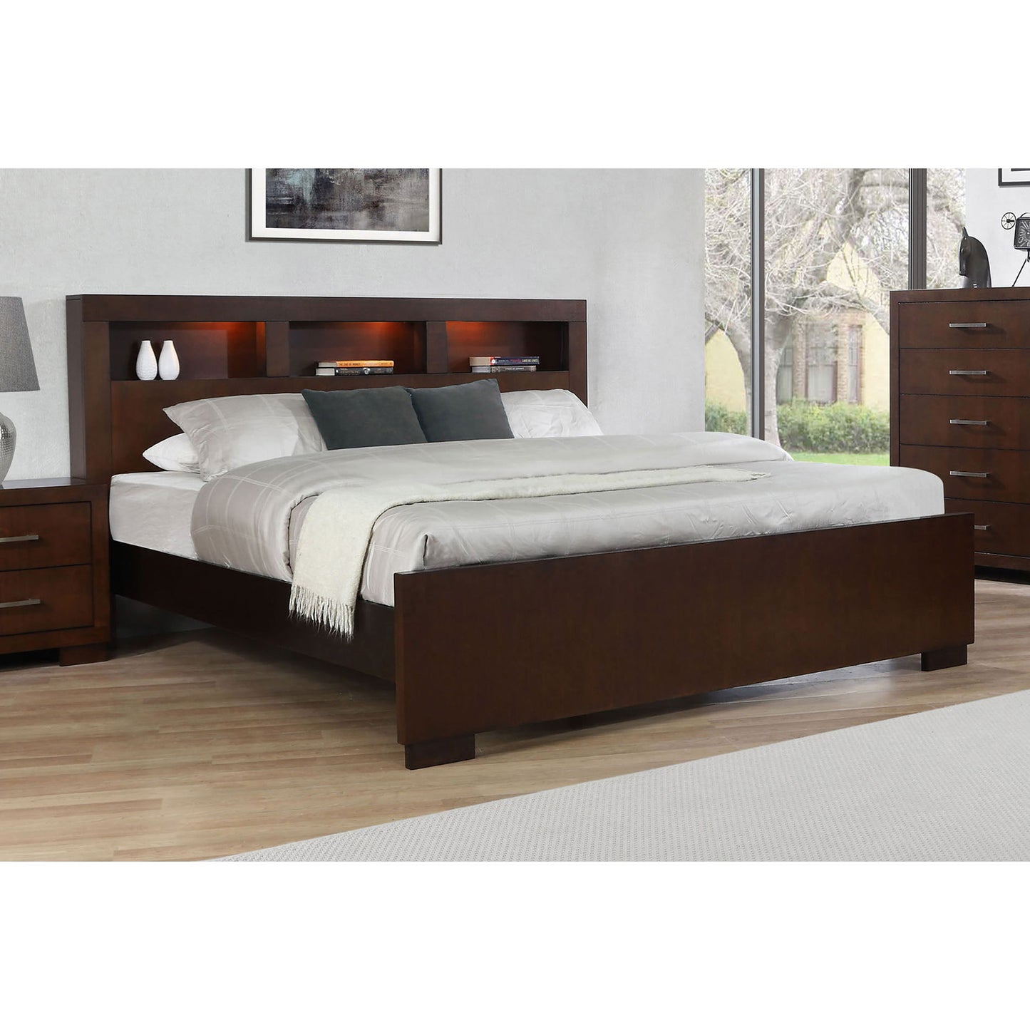 Copper - Eastern King LED Storage Bookcase Bed With Built In Shelves - Cappuccino