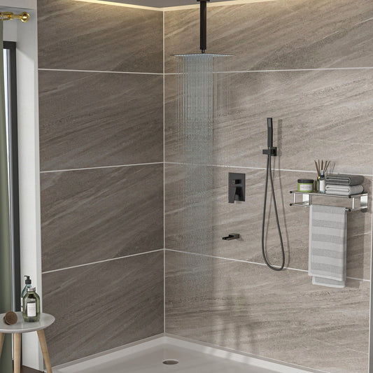 Shower System With Waterfall Tub Spout And 16" Ceiling Mount Square Rain Shower - Oil-Rubbed Bronze
