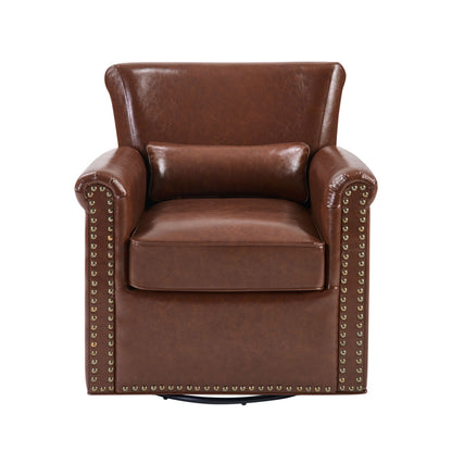 Swivel Accent Chair With Rolled Arm, Sewn Pillow Back, Nailhead Trim For Living Room
