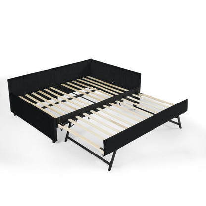 Full Size Upholstered Daybed With Trundle, Tufted Backrest And Armrests - Black