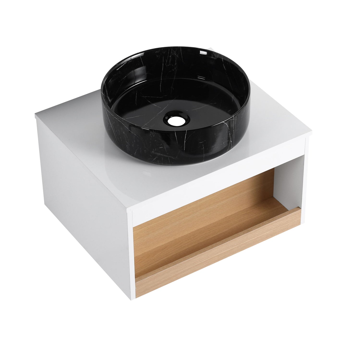 Floating Bathroom Vanity With Vessel Sink With Open Shelf Storage