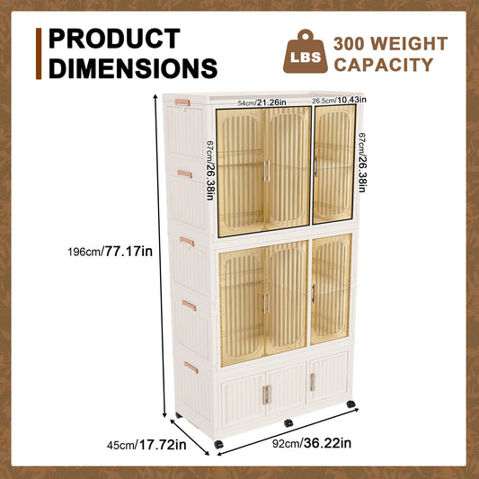 Portable Wardrobe Closet Storage Organizer For Clothes, 9 Magnetic Doors With 9 Cubes & 2 Hanging Rods, 6 Hangers - Cream White